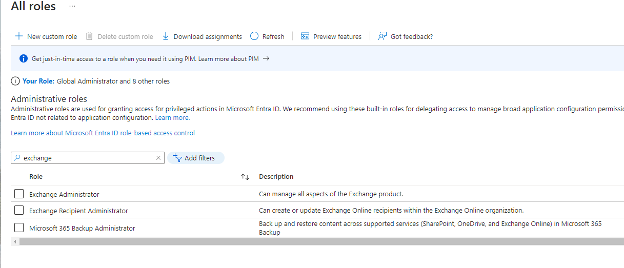 Exchange Administrator role selection in Azure portal