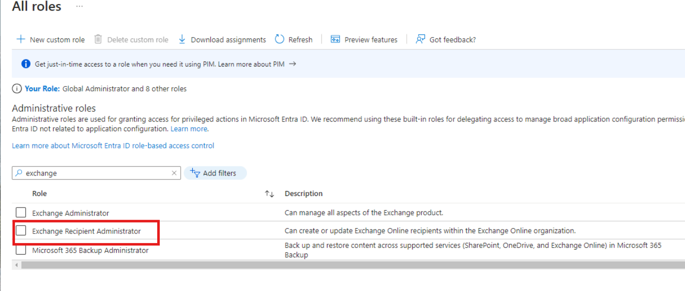 Exchange Recipient Administrator role configuration