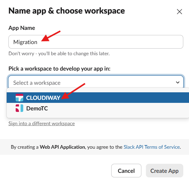 Name app and choose workspace